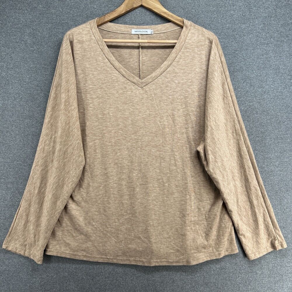 MISSLOOK Womens 2XL Brown Heathered Tan V Neck Long Sleeve T Shirt Top Casual